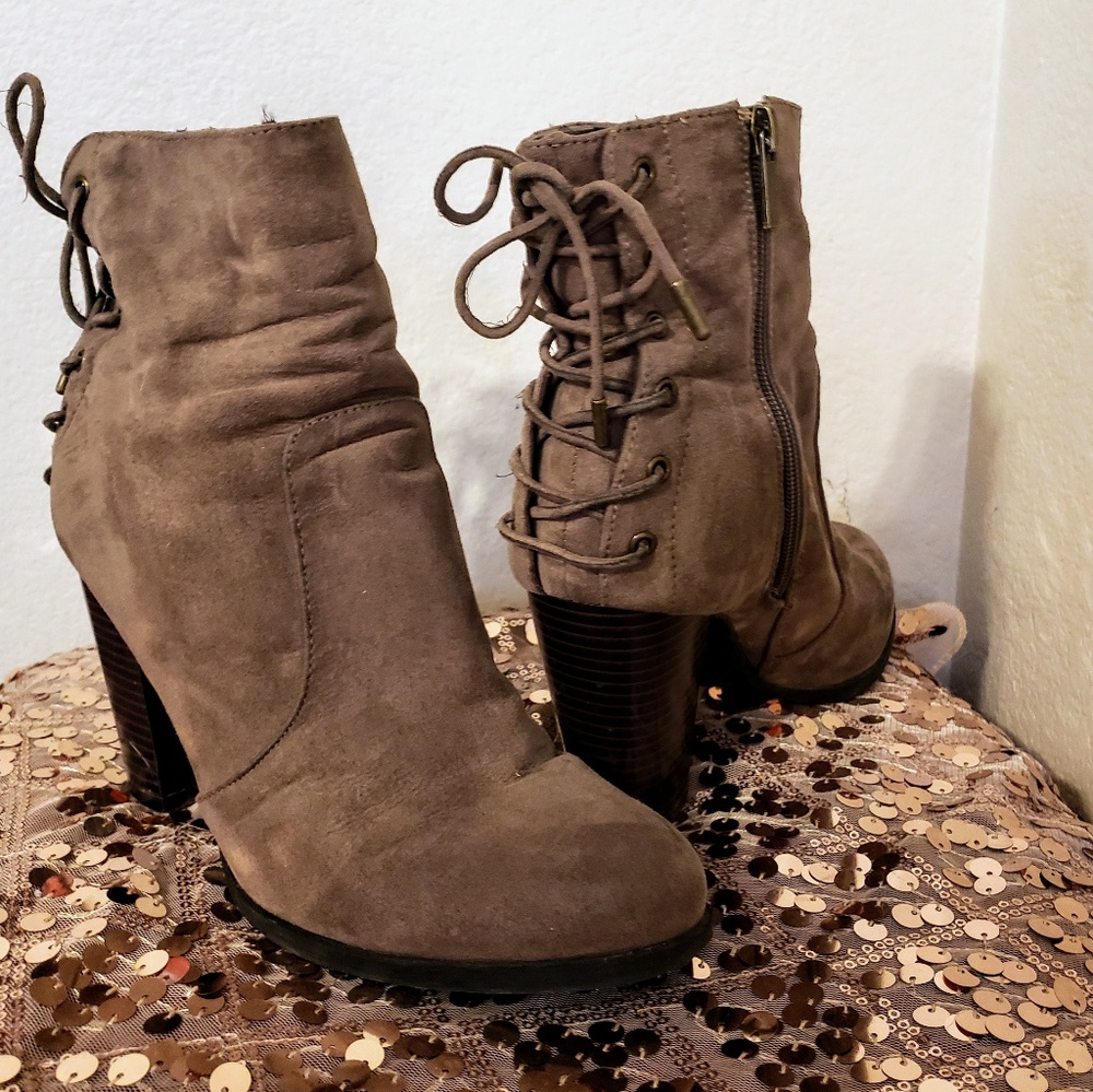 Zip Up Laced Tied Suede Heel Booties